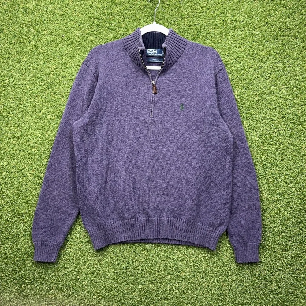 Polo Ralph Lauren Sweater Mens Large Purple 1/4 Zip Mock Neck Cotton Pullover